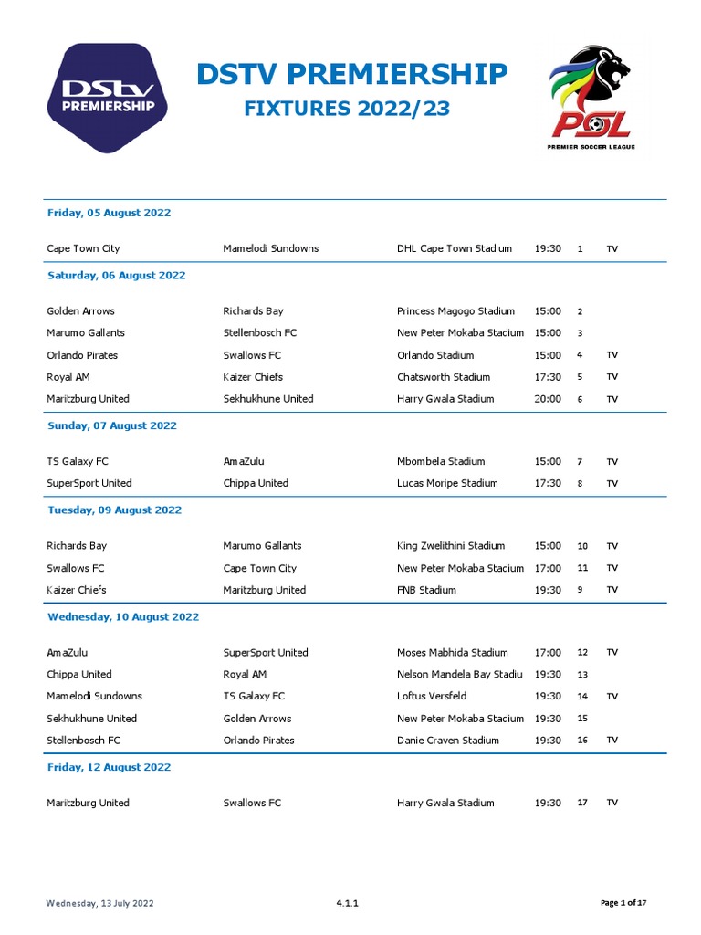 Today’s DStv PSL Fixture: Kickoff Times and Matchups